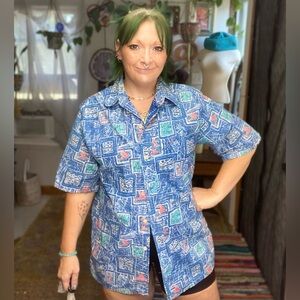 Vintage 90s Go Barefoot Fish Print Short Sleeve Button Front Shirt Size  large